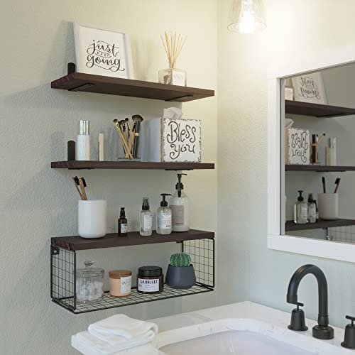 WOPITUES Bathroom Shelves Over Toilet, Floating Bathroom Shelves Wall Mounted with Wire Basket, Wood Floating Shelf for Wall Décor, Bathroom Wall Décor Shelves, Wall Shelves for Bathroom–Rustic Brown