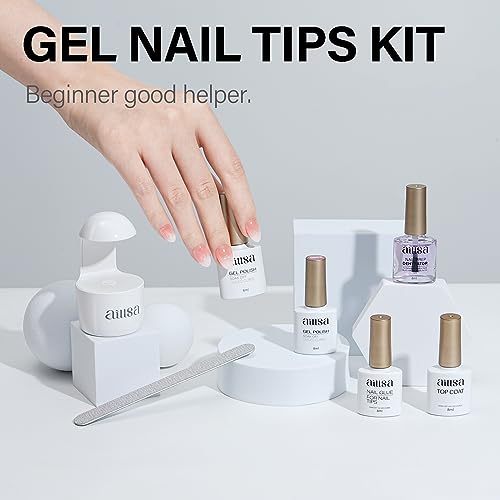 AILLSA Gel Nail Kit Short Almond Nail Tips 240pcs with 2 In 1 Nail Glue Base Coat and Nail Dehyrator, Soft Gel Full Nail Kit with Nail Lamp Top Coat for Starters Home Salon