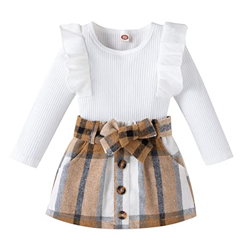 Toddler Baby Girl Skirt Outfit Long Sleeve Ruffle Shirt Top Mini Skirt Set 2Pcs Kids Little Girl Clothes Fall Winter (White,2-3 Years)