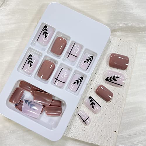 Fall Square Press on Nails Short French Fake Nails Leaf and Line Designs Acrylic Nails Full Cover Glue on Nails Brown Pink False Nails with Designs Glossy Acrylic Nails for Women