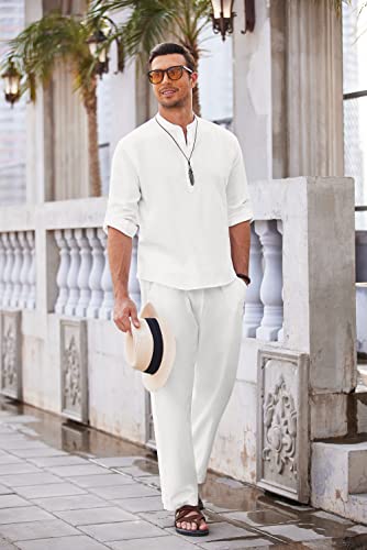 COOFANDY Men's 2 Pieces Cotton Linen Set Henley Shirt Long Sleeve and Casual Beach Pants Summer Yoga Outfits