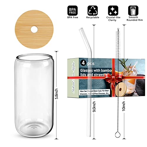 4pcs Set Drinking Glasses With Bamboo Lid And Glass Straw - 16oz Can Shaped Drinking Glass Set, Iced Coffee Mug, Cute Tumbler Cup, Whiskey, Water- Gift Best Choice - 2 Cleaning Brushes (1)