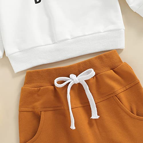 Toddler Baby Boy Fall Winter Outfits Letter Crewneck Sweatshirt Casual Pants 2Pcs Clothes Set White-Brown 0-6 Months