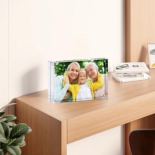 HappyHapi Acrylic Picture Frame, 20mm Thickness Frameless Magnetic Photo Frames, Double Sided Clear Frames Set, Free Standing Acrylic Frame for School Home Office (5x7 1Pack)