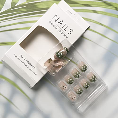 Green Press on Nails Short Square Fake Nails Small Flower False Nails with Designs Cute Cloud Floral Acrylic Nails Full Cover Glossy Stick on Nails Spring Summer Glue on Nails for Women Girls Manicure