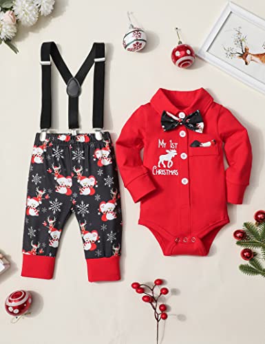 AGAPENG Baby Boy Christmas Outfit My First Christmas Baby Boy Outfit Infant Gentleman Romper with Bow Tie Suspender Pants Hat 0-3 Months Baby Christmas Outfit Boy 3Pcs Clothes Set