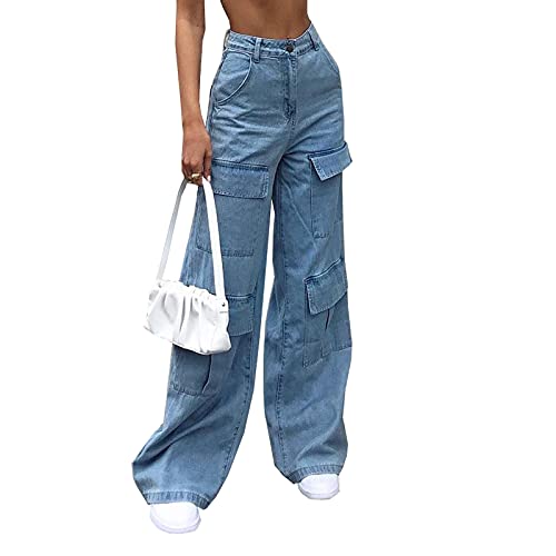 Women's High Waist Baggy Jeans Flap Pocket Relaxed Fit Straight Wide Leg Y2K Fashion Cargo Jeans Blue