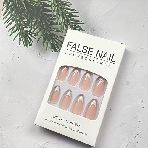 French Tip Medium Press on Nails Almond Shaped Fake Nails Nude of White Nail Tip Acrylic Nails Glossy Artificial Nails Summer Stick on Nails Full Cover Glue on Nails for Women 24Pcs