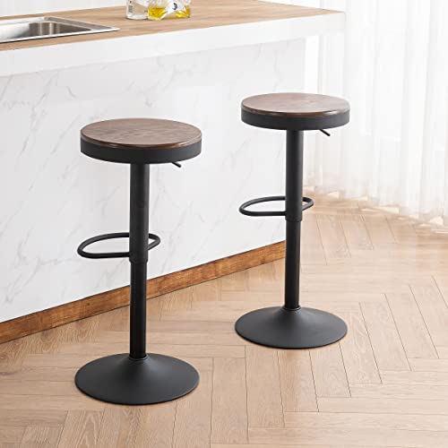 YOUNUOKE Bar Stools Set of 2 Round Adjustable Swivel Counter Height Barstool Backless Wood and Metal Bar Stools with Footrest Modern Bar Chair for Kitchen Counter Island