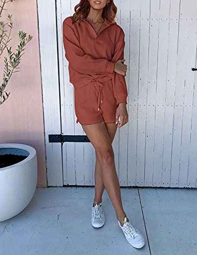 MEROKEETY Women's 2 Piece Waffle Knit Lounge Sets Long Sleeve Shorts Jogger Outfits Pjs Brickred