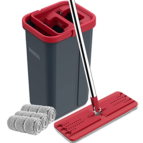 BOSHENG Mop and Bucket with Wringer Set, Hands Free Flat Floor Mop and Bucket, 3 Washable Microfiber Pads Included, Wet and Dry Use, Home Floor Cleaning System, Black and Red