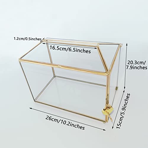 NCYP Gold Glass Cards Box with Slot and Lock for Wedding Reception - 10.2x5.9x7.9 Inches - Birthdays Party Card Holder, Home Geometric Decorative Box, Large Clear Terrarium (Glass Box Only)