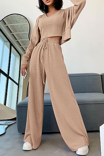 PRETTYGARDEN Womens 2023 Fall Track Suits 3 Piece Outfits Matching Sets Ribbed Knit Cardigan Cropped Tank Tops Wide Leg Pants (Khaki,Small)