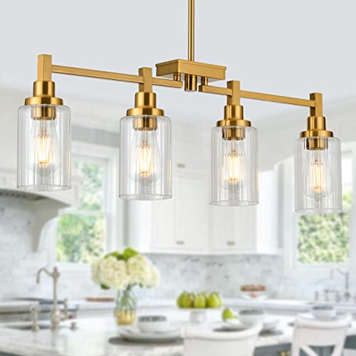 4-Lights Kitchen Island Lighting, Dining Room Chandelier Light Fixtures Over Table, Modern Linear Chandeliers with Fluted Clear Glass Shade Brushed Brass Ceiling Hanging for Living Room Bar Restaurant