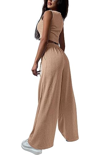 PRETTYGARDEN Womens 2023 Fall Track Suits 3 Piece Outfits Matching Sets Ribbed Knit Cardigan Cropped Tank Tops Wide Leg Pants (Khaki,Small)