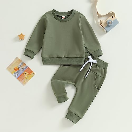 Toddler Baby Boys Fall Outfits Long Sleeve Pull On Sweatshirt Elastic Waist Pants 2Pcs Solid Clothes Set (Green,0-6 Months)