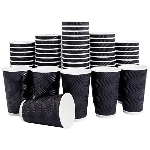 U-QE 100 PCS 16 oz Disposable Coffee Cups, Black Paper Coffee Cups with Ripple Wall, Insulated Disposable Paper Cups for Coffee/Hot Chocolate Drinks, Hot Coffee Cups Perfect for Home, Office and Cafes