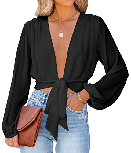 LYANER Women's Deep V Neck Tie Front Knot Long Sleeve Sexy Wrap Crop Top Blouse Solid Black Small