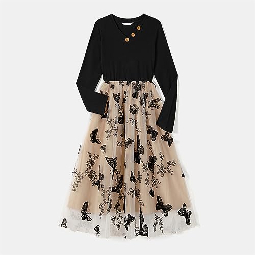 PATPAT Family Matching Outfits Mommy and Me Floral Dress Matching Long Sleeve Brown Colorblock Sweatshirt Sets Sheer Butterfly Embroidery Women L