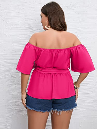 SCOMCHIC Women's Plus Size Off The Shoulder Peplum Blouse Top Half Bell Sleeve Tie Waist Ruffle Hem Babydoll Tops Rose Red