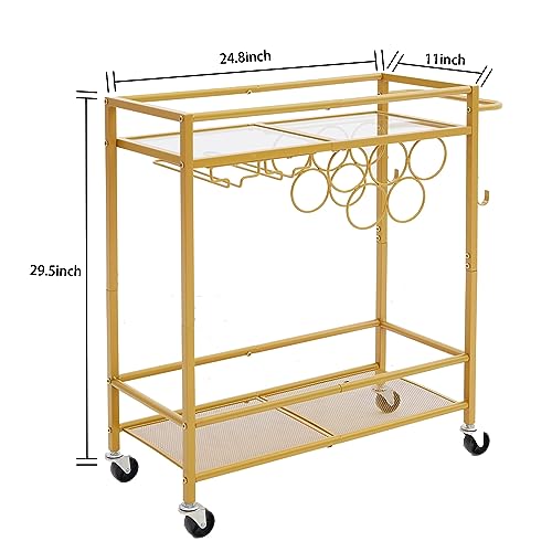 Bar Cart, 2-Tier Kitchen Cart with Wine Rack and Glass Holder, Gold Serving Cart with Wine Rack and Glass Holder, Rolling Serving Cart for Kitchen, Dining Room, Club, Bar, Living Room, Party, Gold