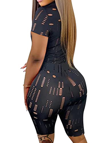 Hilinker Women's Hollow Out 2 Piece Bodycon Outfits Short Sleeve Top with Shorts Set Clubwear Black X-Large