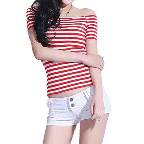 Women's Short Sleeve Vogue Fitted Off Shoulder Modal Blouse Top T-Shirt (Medium, Red Stripe)