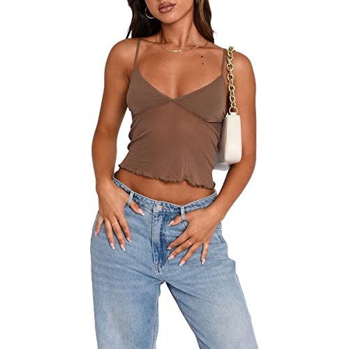 Women Y2K Cami Tank Top Spaghetti Strap V Neck Camisoles Summer Cute Sleeveless Crop Top Streetwear(J-Brown mesh top,S)