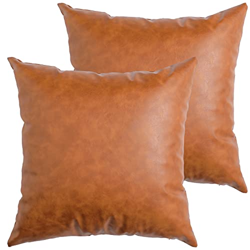 Set of 2 Faux Leather Throw Pillow Covers, Modern Brown Outdoor Cushion Covers Decorative Pillowcases for Couch Bed Sofa (18 x 18 Inches)