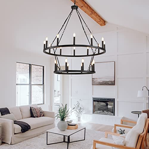 Upfelw Farmhouse Wagon Wheel Chandelier Lighting 20-Light, Black Large Industrial Round Indoor Candle Pendant Light Fixture 2 Tier D39.4'', E12 Bulbs Not Included