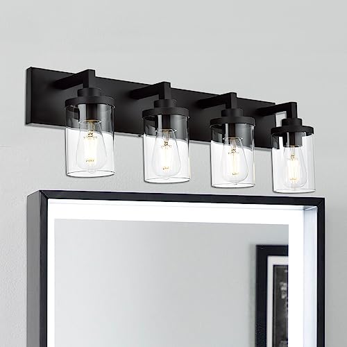 QueeuQ 4-Light Vanity Lights Bathroom Light Fixtures Over Mirror Vintage Sconce Vanity Light Fixtures Black Wall Sconces Bathroom Lighting with Clear Glass Shade Wall Lamp