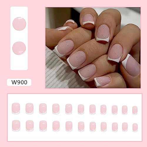 24Pcs Pink Press on Nails Short Fake Nails French Tip False Nails Glossy Artificial Acrylic Full Cover Glue on Nails Square Stick on Nails for Summer Women Girls Manicure Art（White）