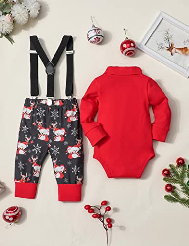 AGAPENG Baby Boy Christmas Outfit My First Christmas Baby Boy Outfit Infant Gentleman Romper with Bow Tie Suspender Pants Hat 0-3 Months Baby Christmas Outfit Boy 3Pcs Clothes Set