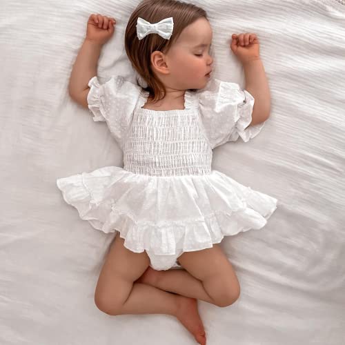 Infant Baby Girls Romper Dress Dot Pattern Short Sleeve Ruched Jumpsuits Skirts Hem Bodysuits Headband (White dots, 6-12 Months)