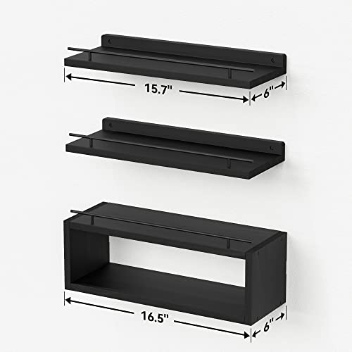 WOPITUES Floating Shelves with Extra Cube Shelf, Shelves for Wall Decor with Gold Metal Rail, Wall Shelves for Bedroom, Bathroom, Kitchen, Living Room, Plants, Pictures, Toilet Paper- Modern Black