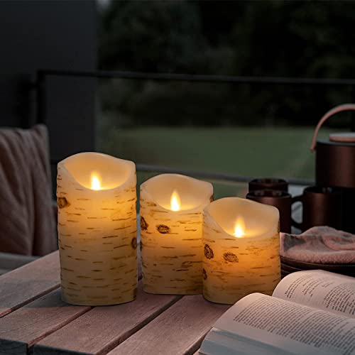 Flameless Candles with Remote Real Wax Bark LED Candles Set of 3 (H:4" 5" 6" D:3.2") Candles Battery Operated Pillar LED Candle Lights Set Home Decoration