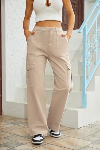 QYANGG High Waist Cargo Pants Women Stretch Baggy Cargo Pants Women Multiple Pockets Relaxed Fit Straight Wide Leg Y2K Pants Khaki