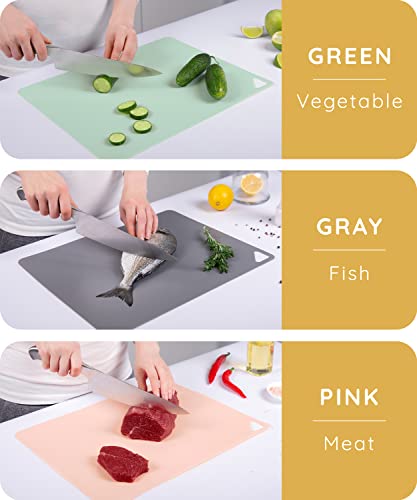 Extra Thin Flexible Cutting Boards for Kitchen - Mats Cooking, Colored Mat Set, Non-Slip Sheets, Plastic Board Set of 3, 15"x12" (Packaging may vary)