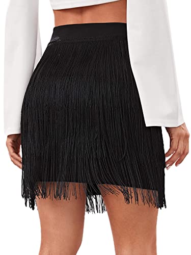 Verdusa Women's Fringe Trim High Waist Short Pencil Bodycon Skirt Black S