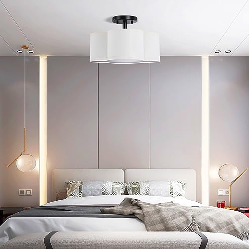 4 Light 14" Semi Flush Mount Ceiling Light Fixture,White Fabric Drum Shade Black Finish for Bedroom, Dining Room, Corridor, Living Room Hallway