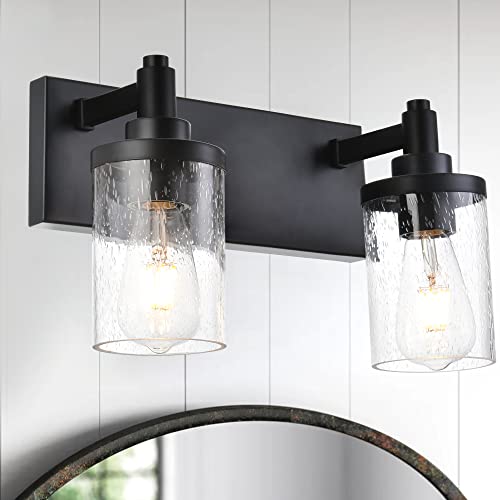 TULUCE Bathroom Vanity Light,2 Light Vanity Light Fixtures Modern Black Wall Sconces Lighting with Seeded Glass Shade Wall Mounted Lights for Mirror, Living Room, Bedroom, Hallway, Dresser