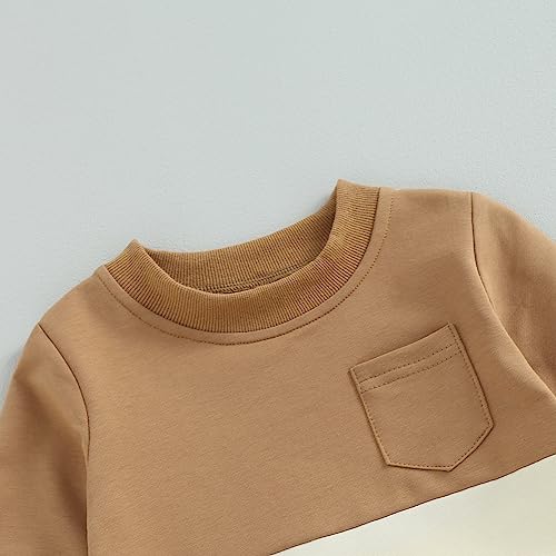 Toddler Baby Boy Outfits Long Sleeve Contrast Color Sweatshirt Solid Pants Autumn Winter Clothes Set (Brown & Beige,18-24 Months)