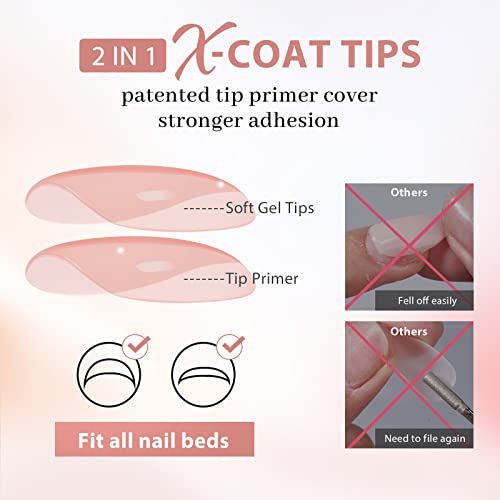 Gel Nail Kit - BTArtbox Soft Gel Nail Tips and Glue Gel Kit, 2 in 1 X-coat Tips with Tip Primer Base, 150pcs Short Coffin Nail Tips Fake Nails with Gel Nail Glue Top Coat Nail Extension Kit, Brown