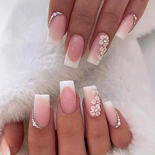 Medium Square Press on Nails French Tip Fake Nails Pink Full Cover False Nails with Flower and Rhinestones Designs Spring Glue on Nails Glossy Stick on Nails for Women and Girls 24Pcs