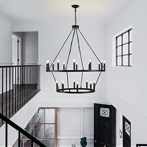 Upfelw Farmhouse Wagon Wheel Chandelier Lighting 20-Light, Black Large Industrial Round Indoor Candle Pendant Light Fixture 2 Tier D39.4'', E12 Bulbs Not Included