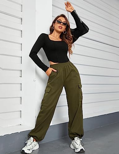 BMJL Womens Cargo Pants Wide Leg Hiking Pants Y2K High Waisted Amry Green Baggy Pants Parachute Trendy Pants with Pockets (Green, L)