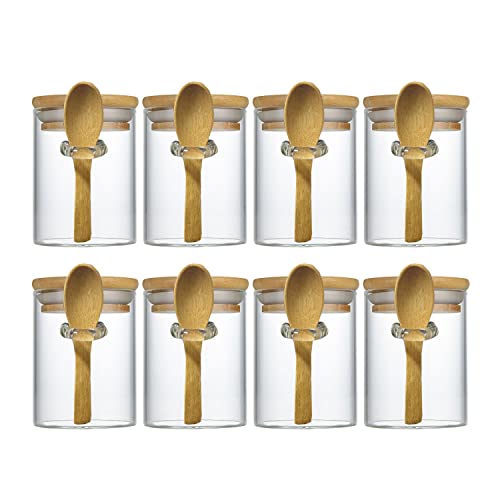 Livejun 7.6 oz Airtight Mini Glass Jars with Bamboo Lids and Bamboo Spoons, Spice Jars Small Food Storage Containers for Kitchen, Bathroom, Home Decor Set of 8