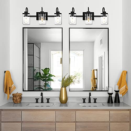 TODOLUZ Farmhouse Bathroom Vanity Light Fixtures with Clear Glass, 3-Lights Black Wall Lamp Lighting Fixture for Mirror Cabinets Dressing