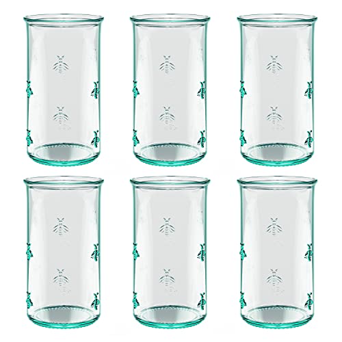 Amici Home Regina Hiball Glass | 18 Oz | Italian Made, Recycled Green Glass | Drinking Glass with Embossed Bee Design for Water, Juice, Iced Tea, Cocktails (Set of 6)