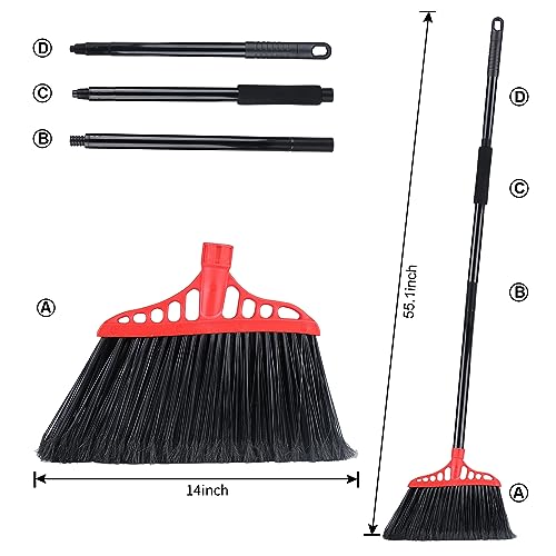 Tiumso Heavy Duty Broom, Outdoor Broom, 55" Long Handle Commercial Broom with CornerReach, Indoor Broom for Garage Kitchen Sidewalk Deck Driveway Floor Room Sweeping Patio- Black and Red